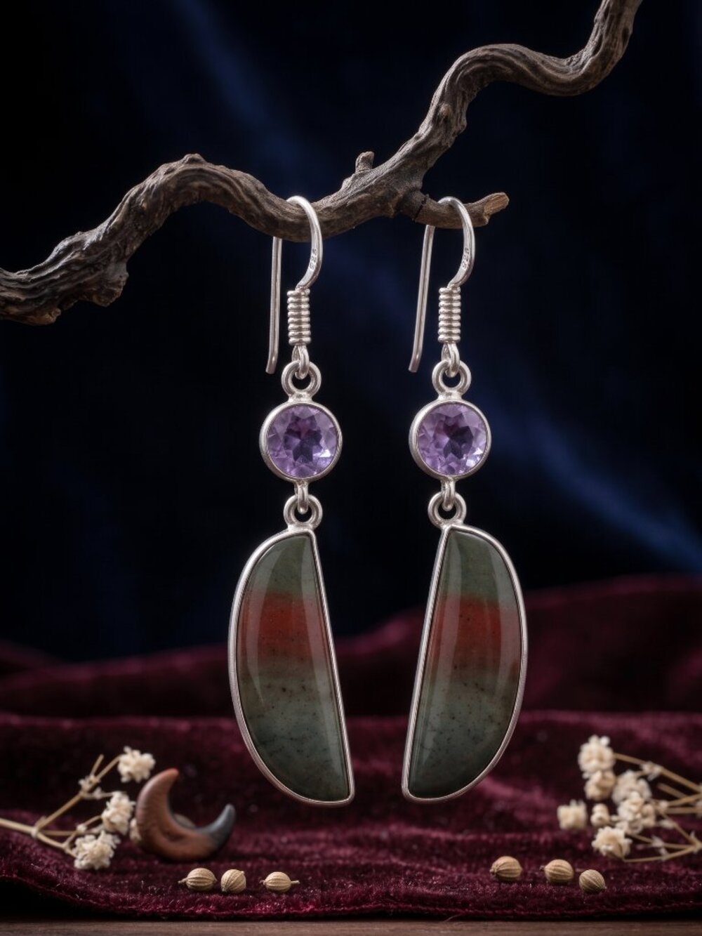 Amethyst Bloodstone Earrings 925 Sterling Silver Drop Dangle Artisan 2.4"